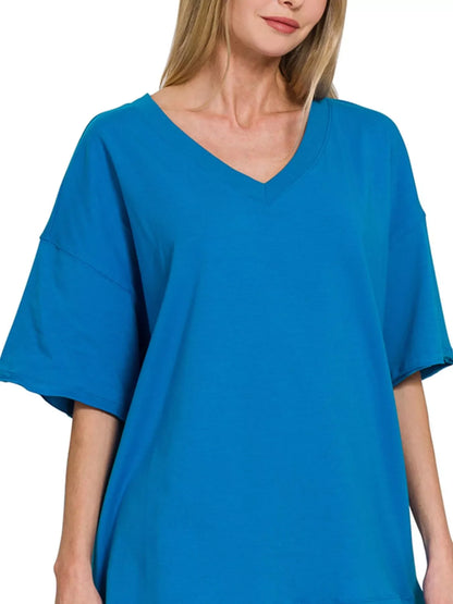 Zenana Cotton V-neck Top & Biker Shorts Set