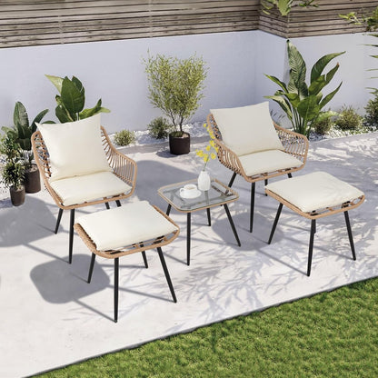5 Pieces Patio Conversation Bistro Set, Outdoor Wicker with Ottoman,Table & Cushions,All-Weather Wicker Furniture Set for Porch, Backyard, Balcony, Garden-1