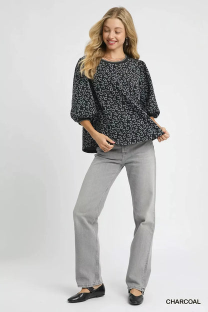 Umgee Leopard Print Jacquard Blouse with Puff Sleeves