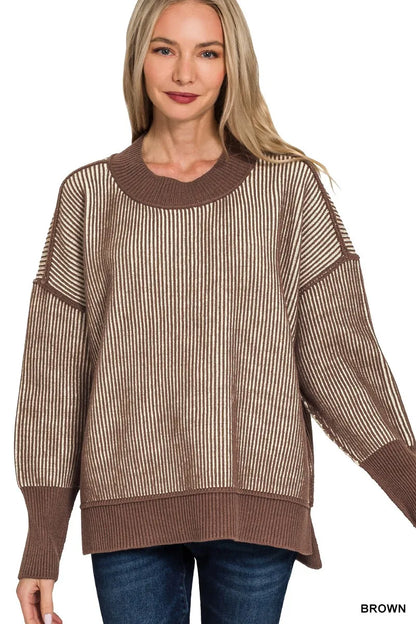 Zenana Exposed Seam Two Tone Ribbed Sweater
