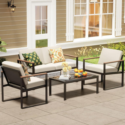 4 Pieces Patio Furniture Sets,Metal Outdoor Patio Furniture Sets,Outdoor Sectional Furniture Patio Conversation Set,Wooden Anti-Scald Armrest,Sling Mesh,4" Olefin Cushions-1