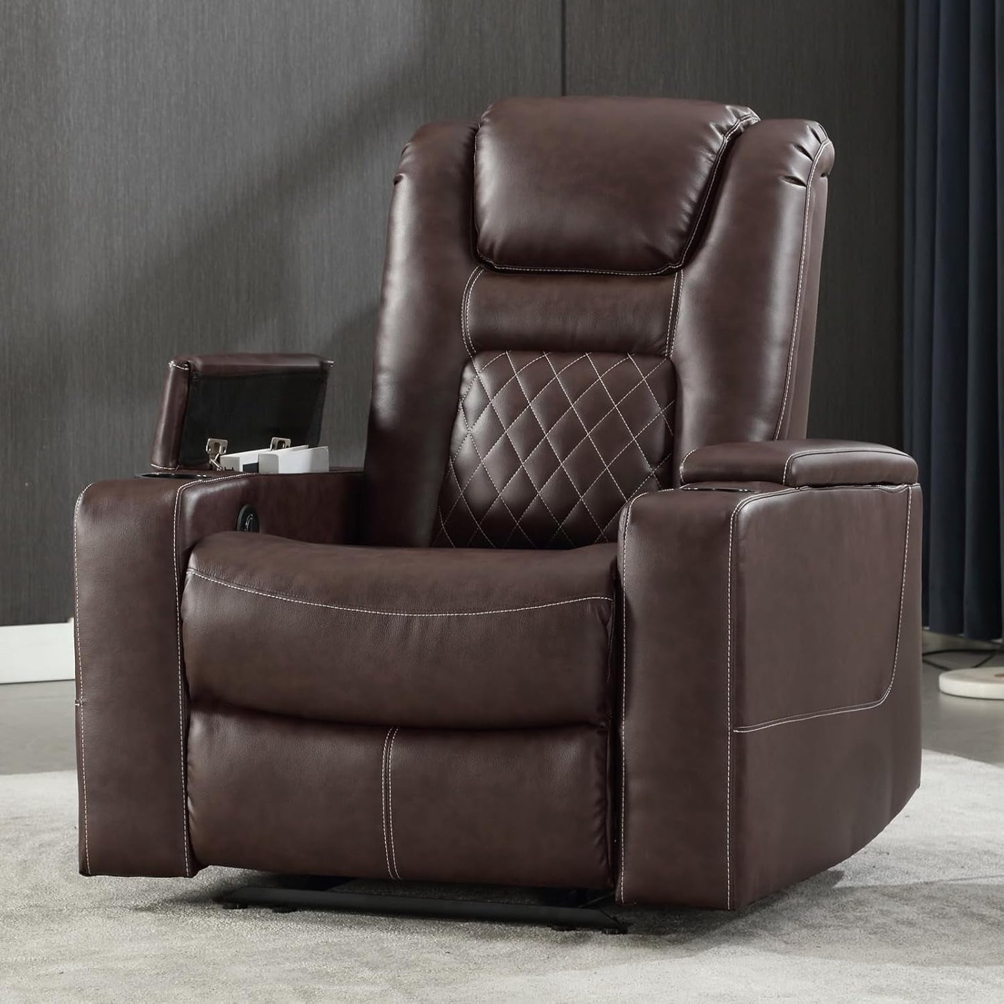 Electric Power Recliner Chair with USB Ports and Cup Holders, Breathable Leather Home Theater Seating with Hidden Arm Storage (Red Brown)-0