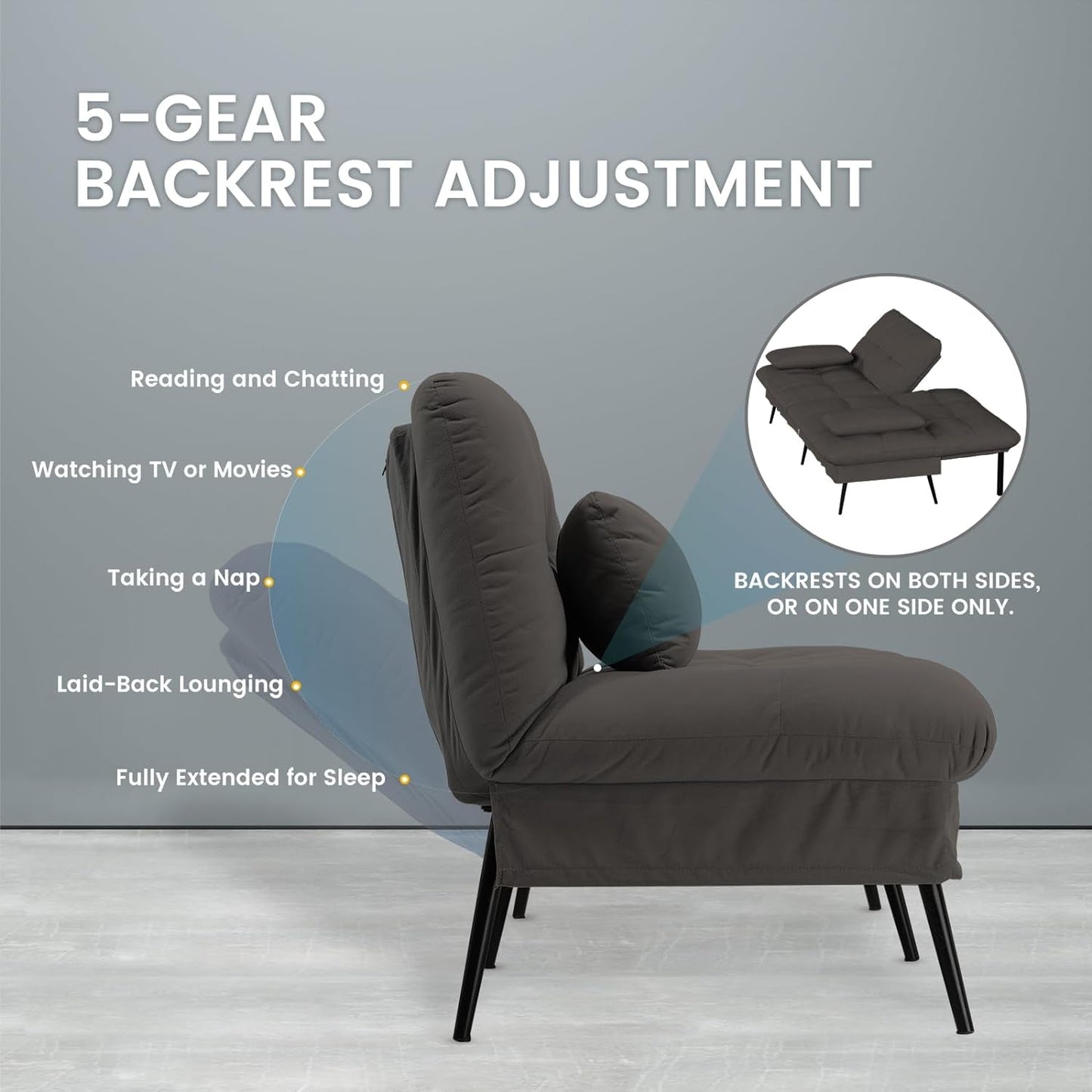 Convertible Futon Sofa Bed, 68″Fabric Futon Couch with Adjustable Backrest, Folding Futon Sleeper Recliner for Living Room Furniture (Black)-4