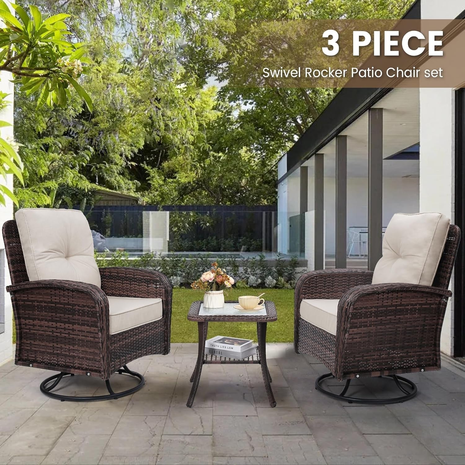 2 Luxury Outdoor Swivel Wicker Glider Patio Chairs with Table Set, Overstuffed Washable Cushions, Ideal for Porch, Balcony, Deck, Brown Rattan and Beige Cushions-1