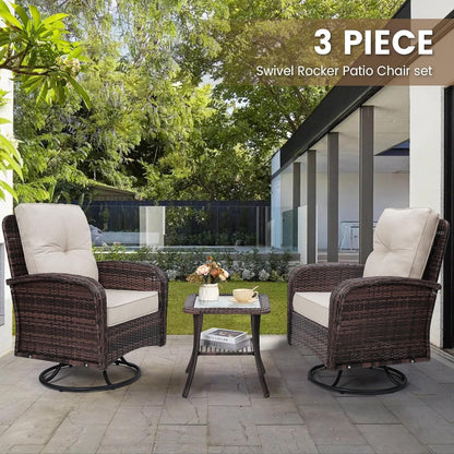2 Luxury Outdoor Swivel Wicker Glider Patio Chairs with Table Set, Overstuffed Washable Cushions, Ideal for Porch, Balcony, Deck, Brown Rattan and Beige Cushions-1