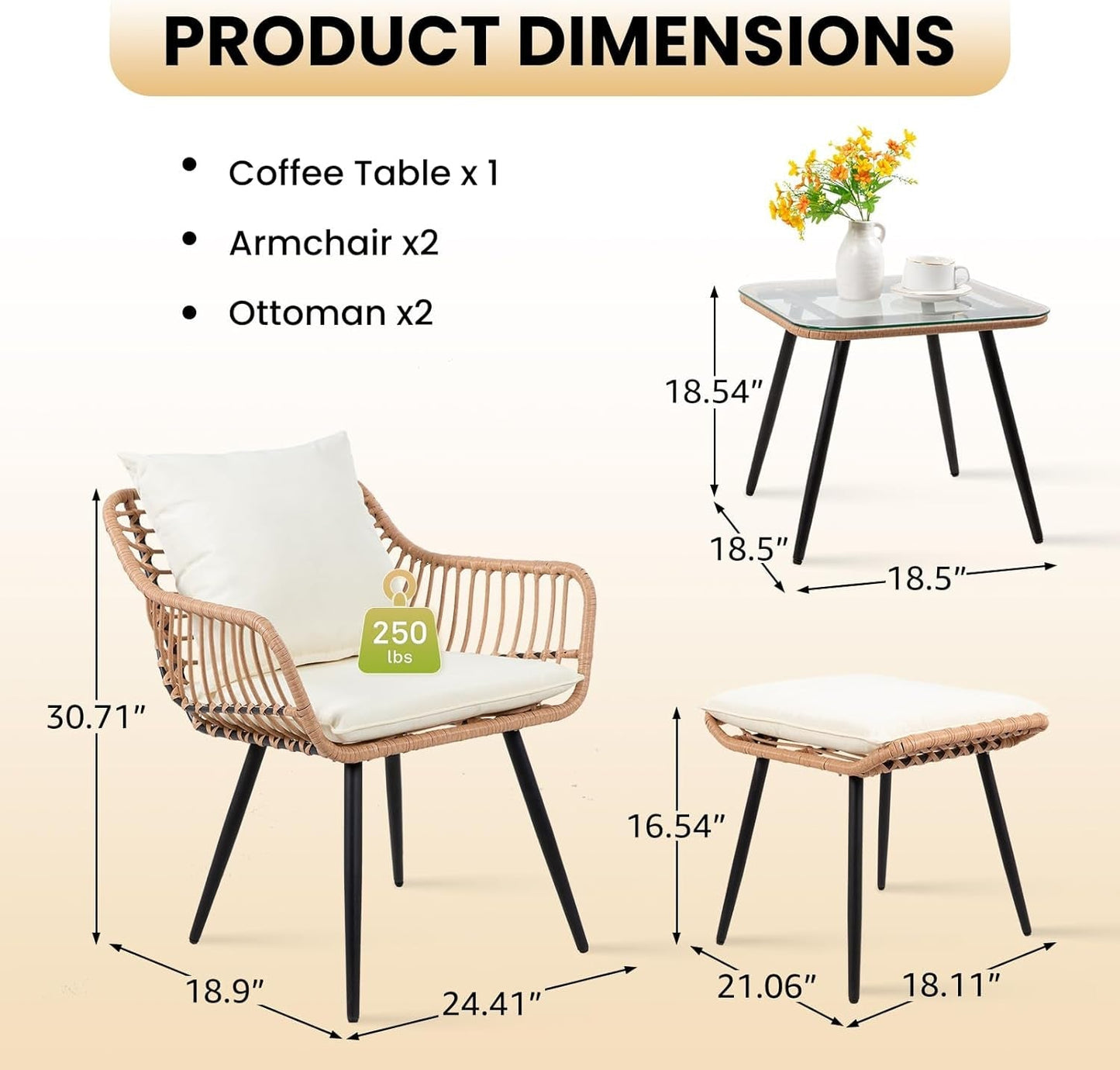 5 Pieces Patio Conversation Bistro Set, Outdoor Wicker with Ottoman,Table & Cushions,All-Weather Wicker Furniture Set for Porch, Backyard, Balcony, Garden-2