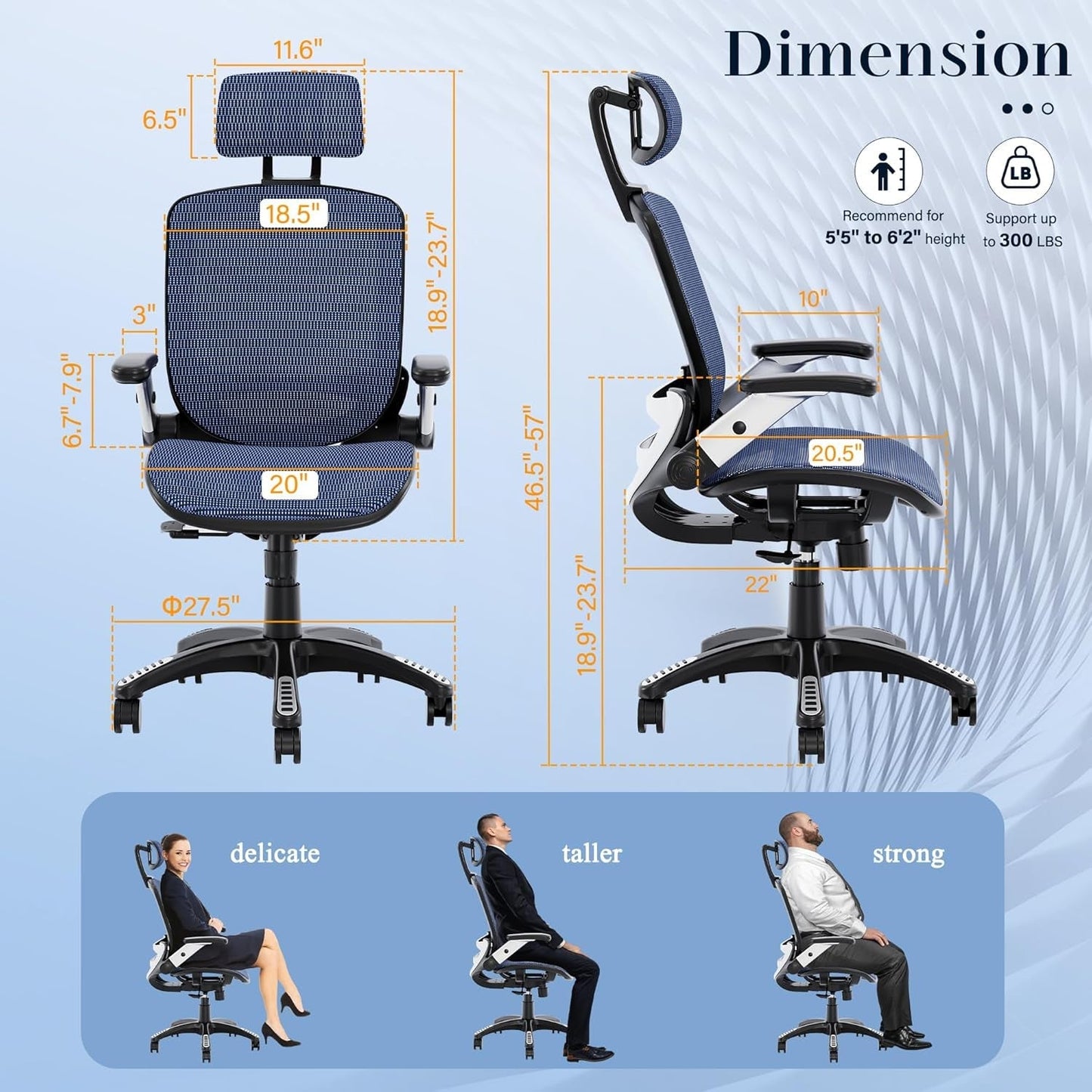 Adjustable Blue Mesh Desk Chair, Ergonomic, Lumbar Support-1