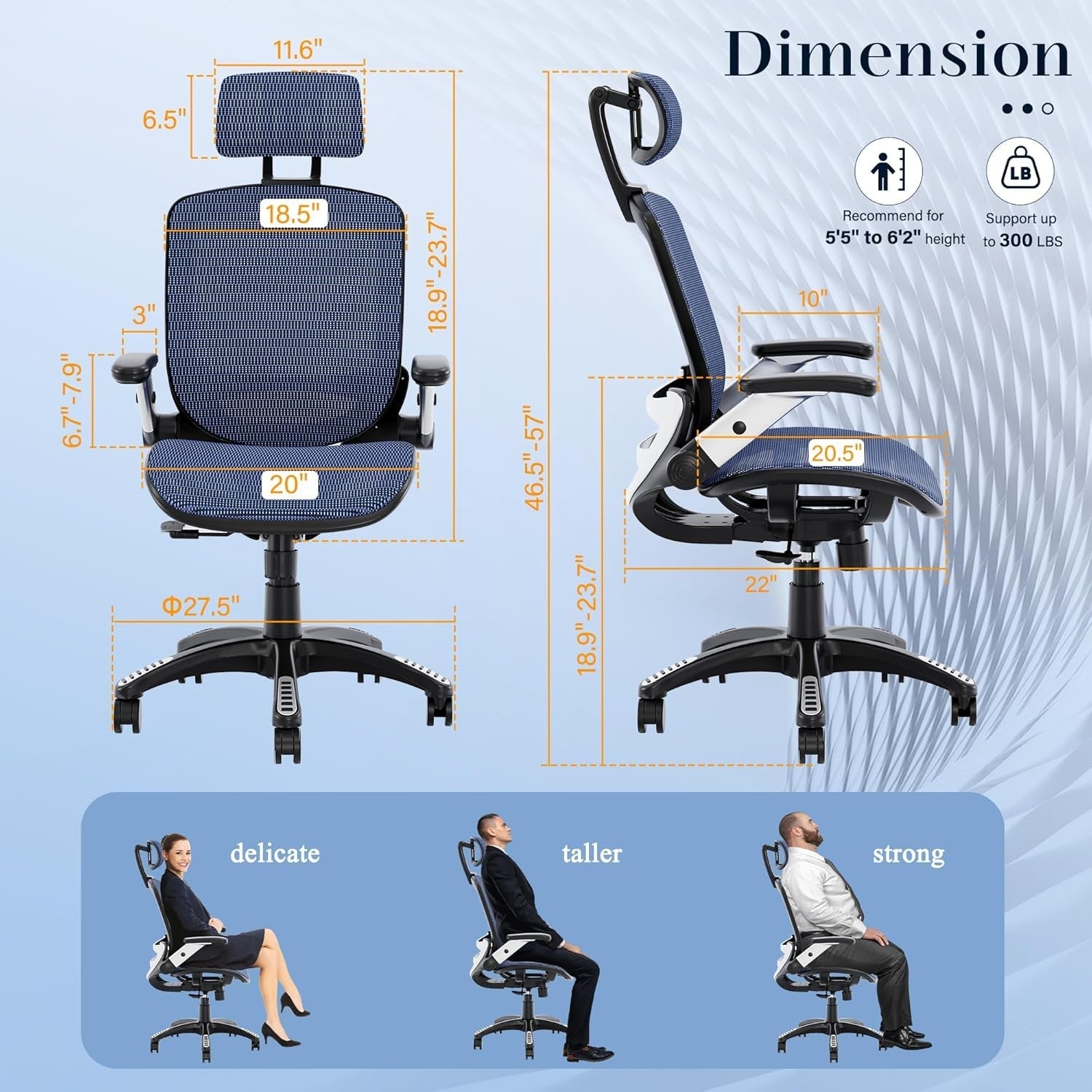 Adjustable Blue Mesh Desk Chair, Ergonomic, Lumbar Support-1