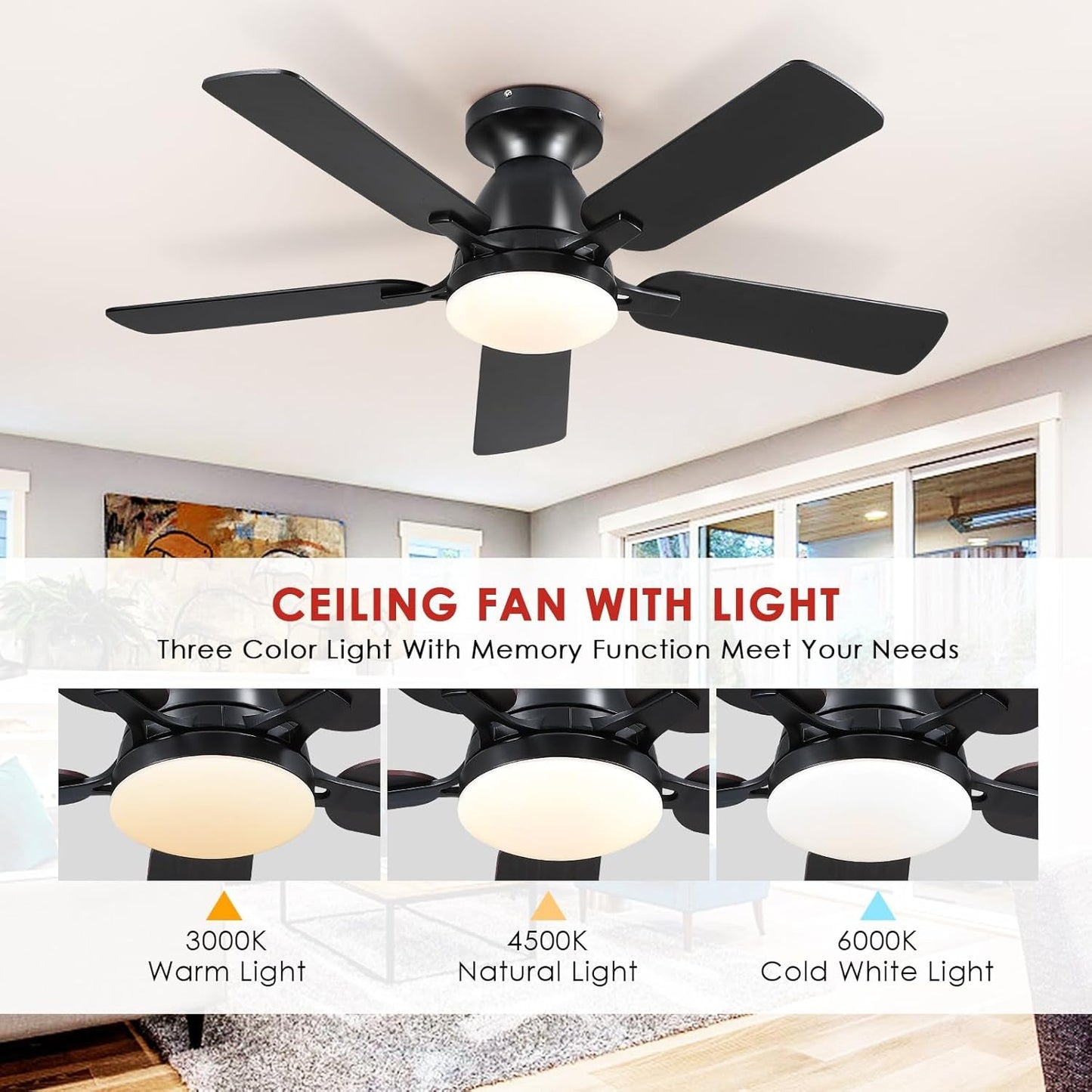 Ceiling Fans with Lights- 46" Low Profile Indoor Ceiling Fan with Light and Remote/App Control, Flush Mount, LED Dimmable DC Reversible Modern Ceiling Fan for Bedroom（Black）-3