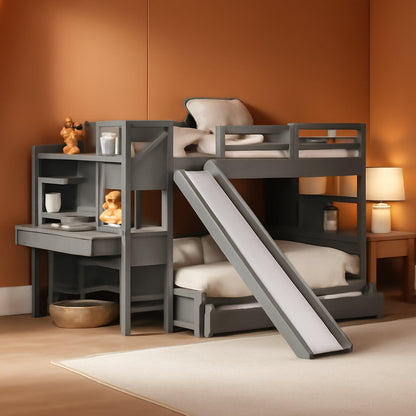 Twin over Twin Bunk Bed with 4 Drawers and Storage Staircase, Wood Bed Frame with Desk and Shelves, Twin Beds with Slide and Full-Length Guardrails for Kid'S Room or Dormitory, Gray-0