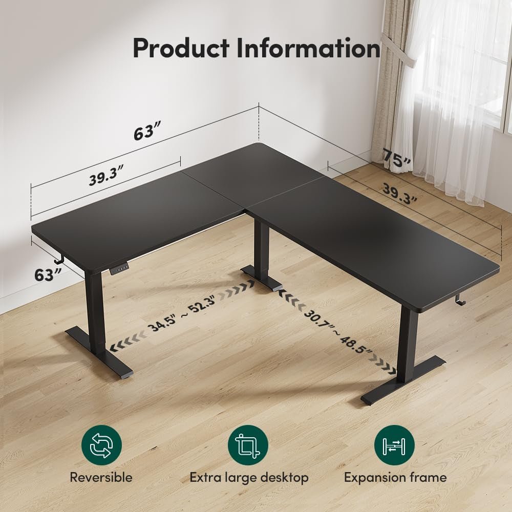 75 * 63" L Shaped Standing Desk, Electric Height Adjustable L Shaped Desk, Suitable for Home Office, Black-1