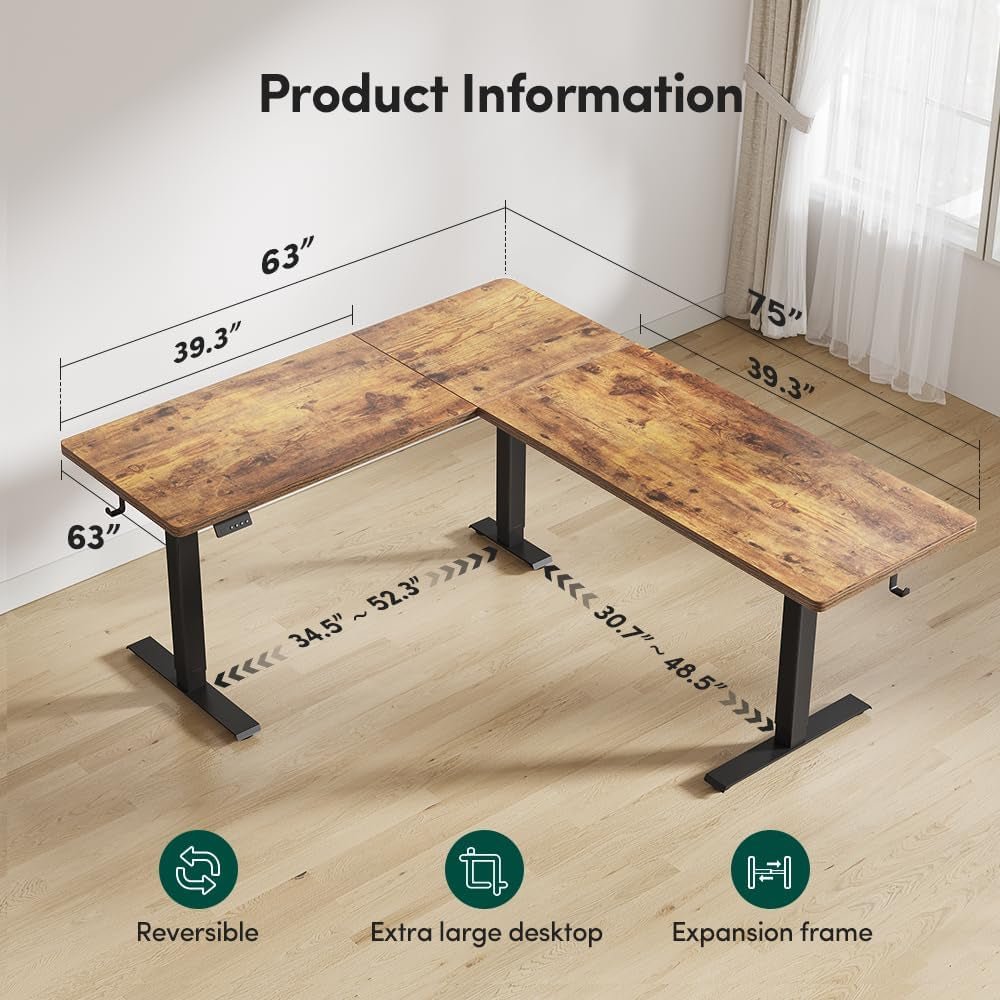 75 * 63" L Shaped Standing Desk, Electric Height Adjustable L Shaped Desk, Suitable for Home Office, Rustic Brown-1