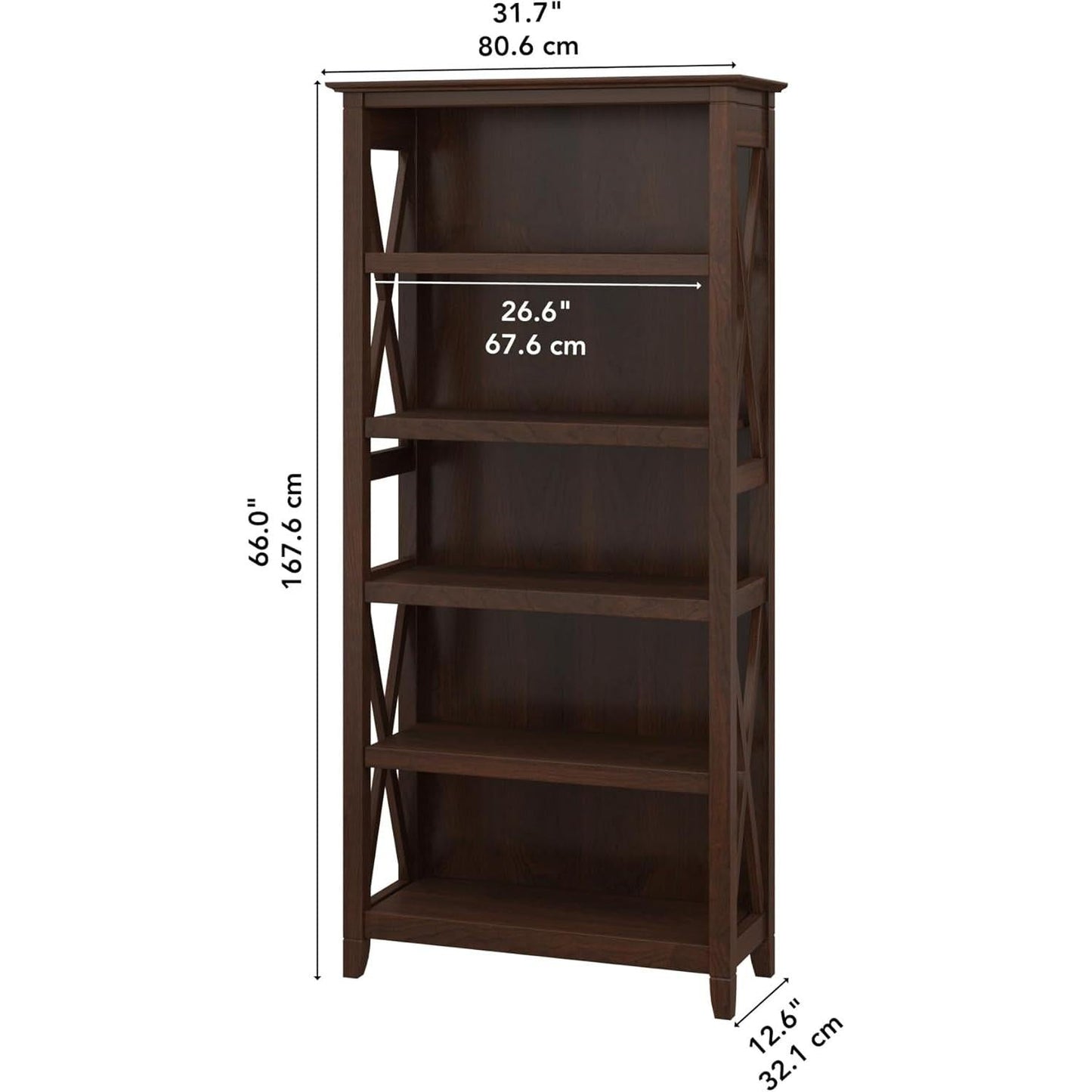 Bush Furniture Tall 5 Shelf Bookcase for Living Room or Home Office, Large Bookshelf, Modern Farmhouse Style, Key West Collection, Bing Cherry-2