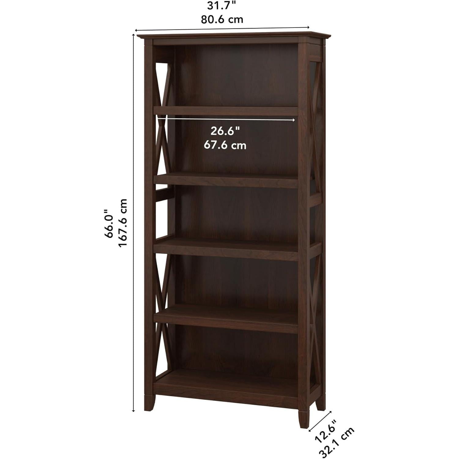 Bush Furniture Tall 5 Shelf Bookcase for Living Room or Home Office, Large Bookshelf, Modern Farmhouse Style, Key West Collection, Bing Cherry-2