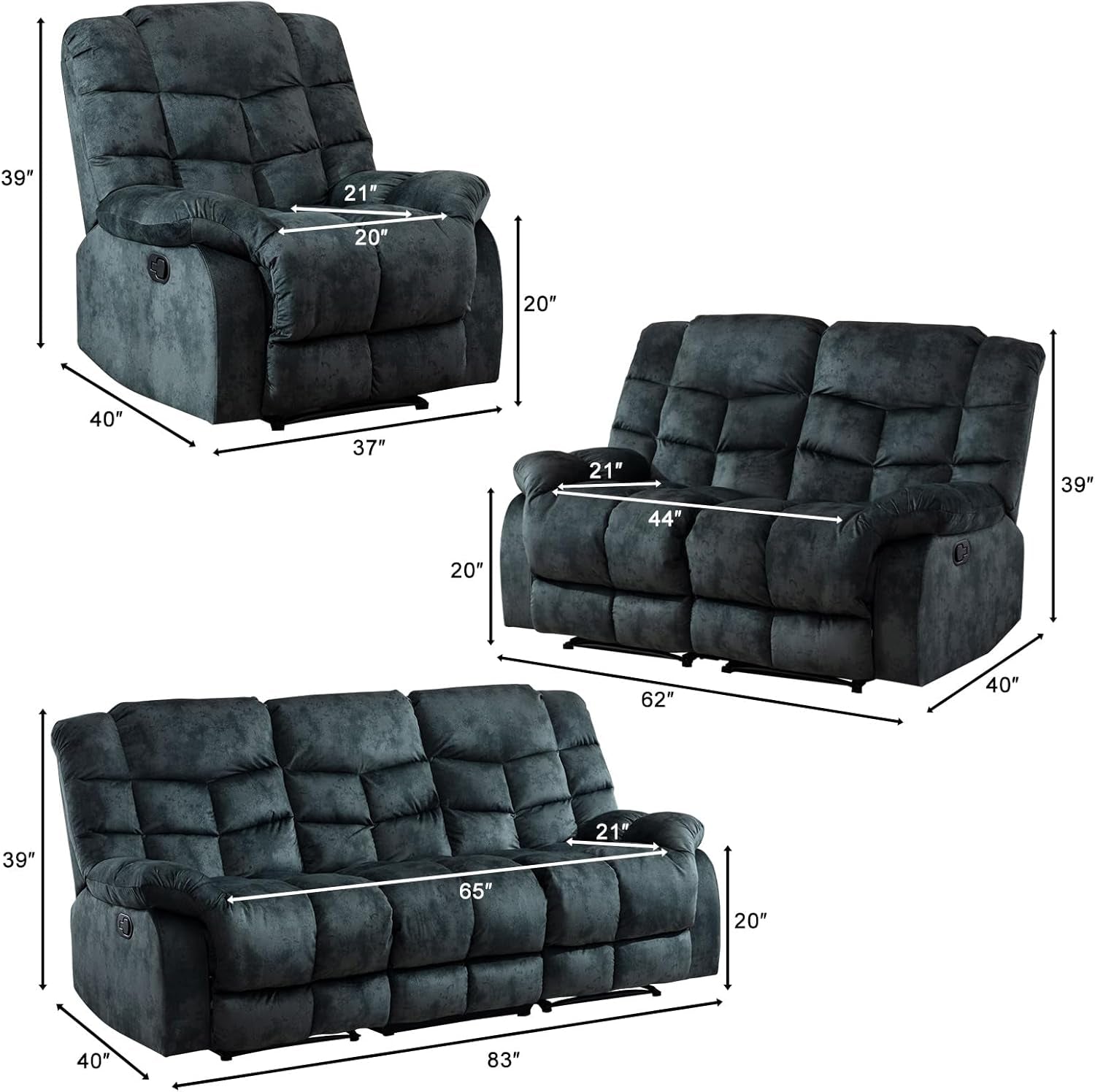 Reclining Living Room Set, One Seat Manual Recliner, Loveseat Recliner Sofa and 3PC Bonded Manual Recliner Set, Grey(Recliner+Loveseat+Sofa)-1
