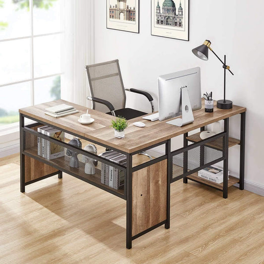 Rustic Industrial L-Shaped Office Desk with Shelves-0