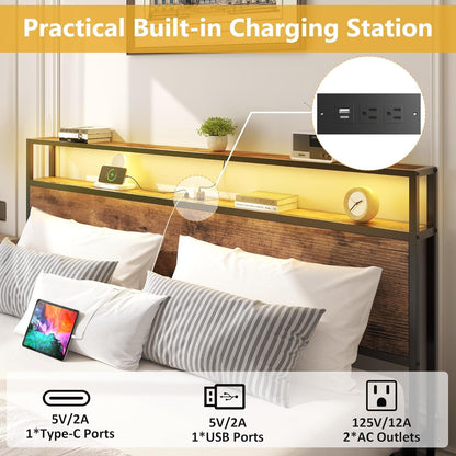 Vintage Queen Bed Storage Headboard, Drawers, Charge, LED-3