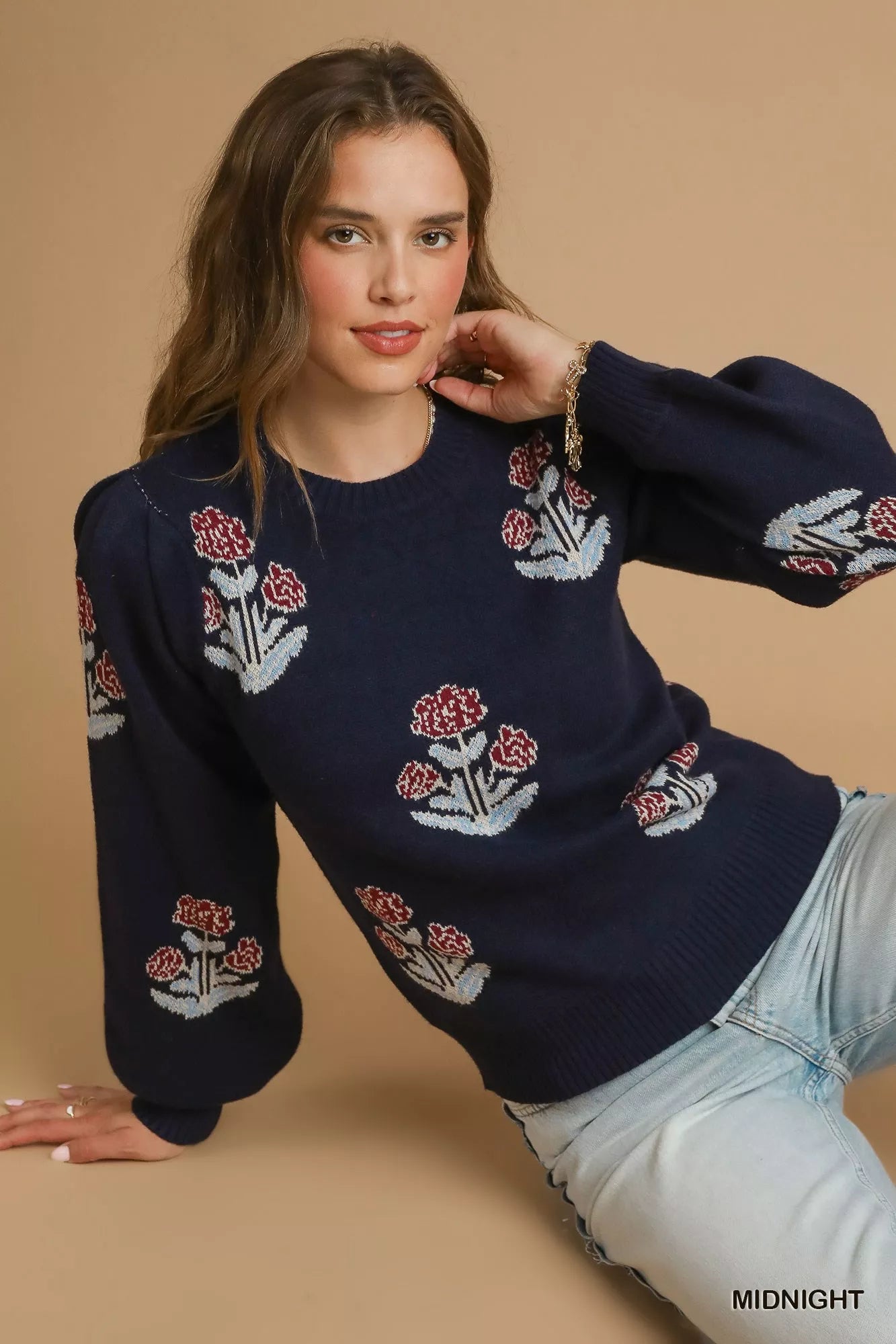 Umgee Floral Knit Sweater with Puff Sleeves
