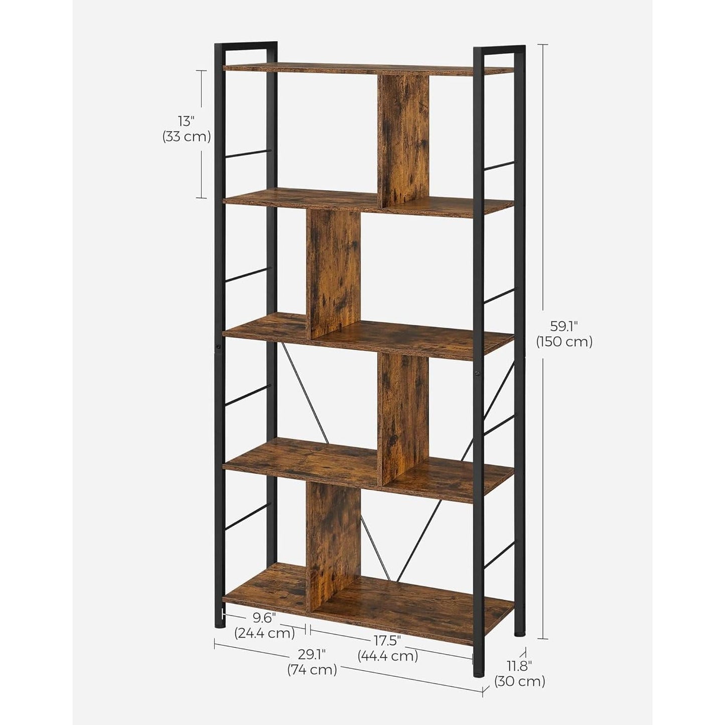 Bookshelf, 5-Tier Bookcase, Storage Shelving Unit, Display Shelf with Open Compartments for Living Room, Home Office, Bedroom, Industrial, Rustic Brown and Black ULBC121B01-2