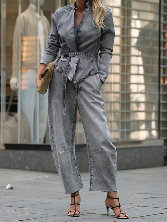 Long Sleeve Top and Wide Leg Jeans Denim Set