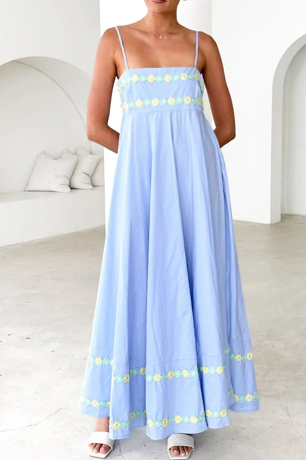 Floral Embroidered Spaghetti Strap Maxi Dress, Blue, Pink or Yellow  SM/MED/LG