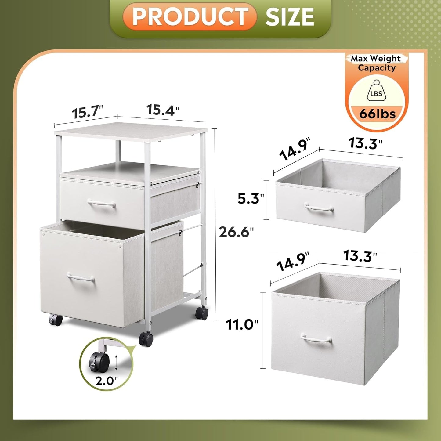2 Drawer Fabric Vertical Filing Cabinet, Rolling Printer Stand, White-2