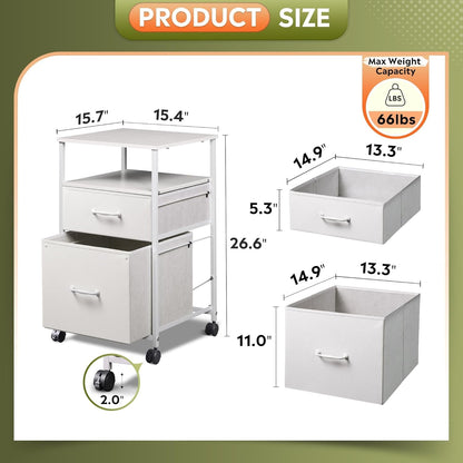 2 Drawer Fabric Vertical Filing Cabinet, Rolling Printer Stand, White-2