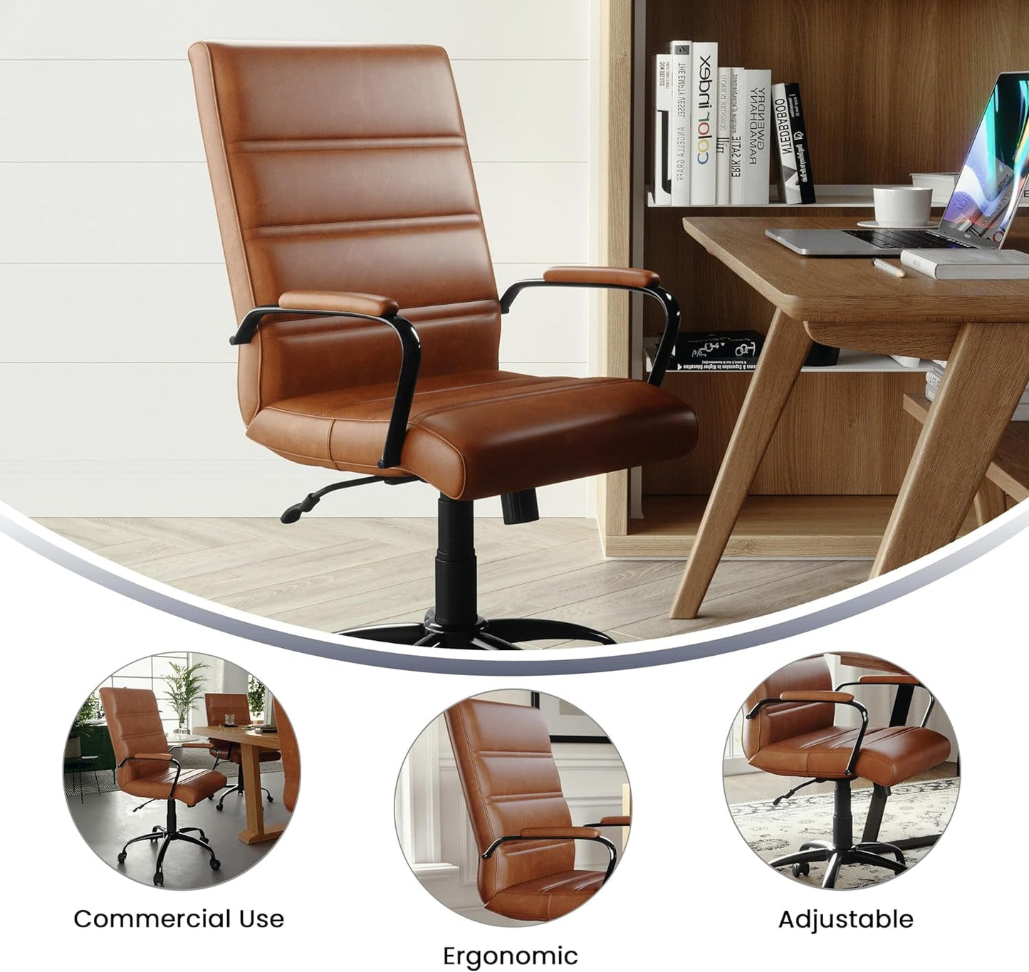 Whitney Mid-Back Swivel Leather Desk Chair with Padded Seat and Armrests, Adjustable Height Padded Leather Office Chair, Brown/Black-4