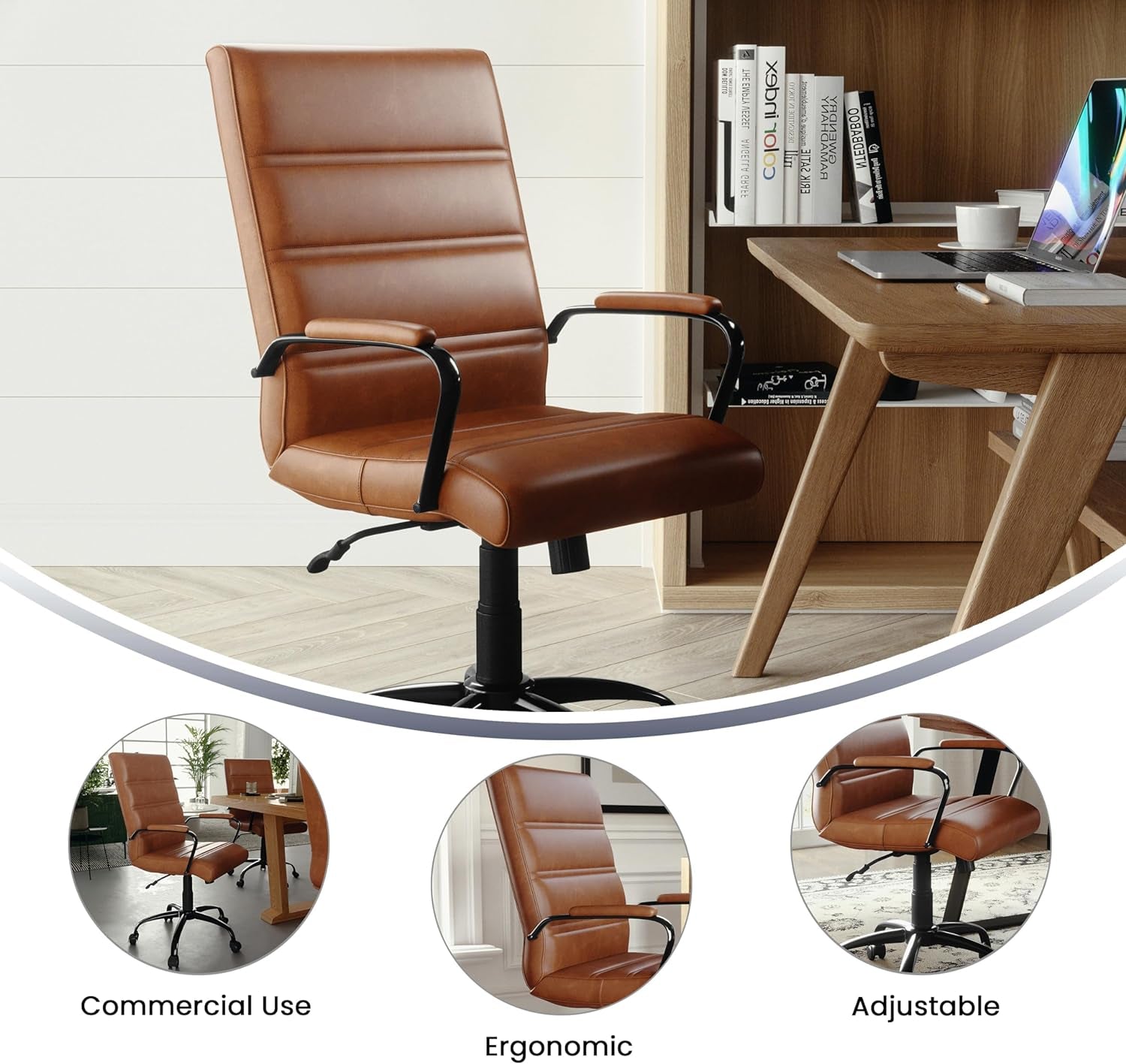 Whitney Mid-Back Swivel Leather Desk Chair with Padded Seat and Armrests, Adjustable Height Padded Leather Office Chair, Brown/Black-4