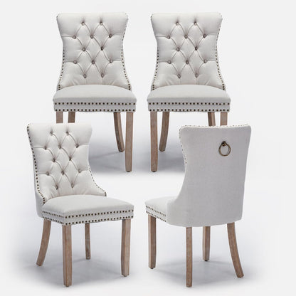 Linen Upholstered Dining Chairs Set of 4, Modern Style Kitchen Side Chairs with Nailhead Trim and Wood Leg, Metal Pulling Ring for Dining Room Living Room(Beige,Set of 4)-0