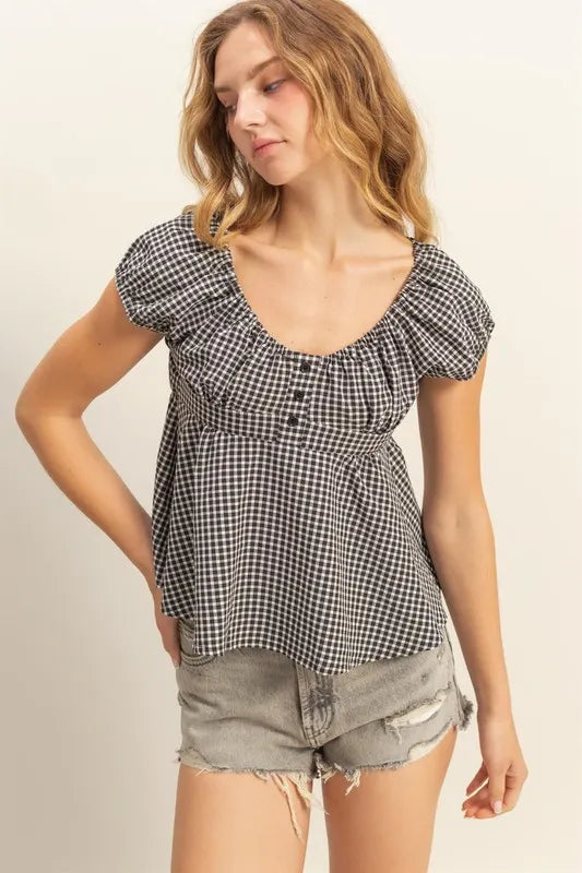 HYFVE Gingham Scoop Neck Cap Sleeve Blouse