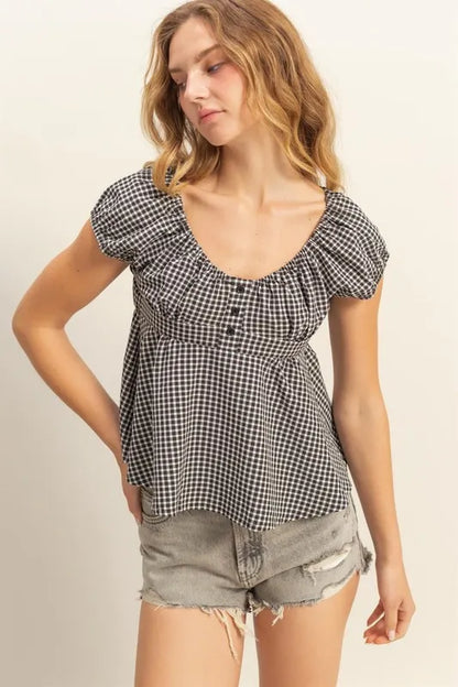HYFVE Gingham Scoop Neck Cap Sleeve Blouse