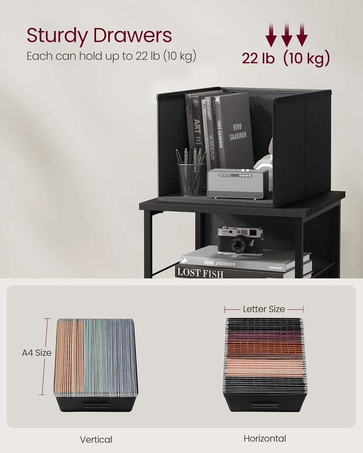 File Cabinet with 3 Drawers, Printer Stand, Cube Storage Shelf, for A4, Letter-Size Files, Hanging File Folders, File Storage Box, Home Office, Ebony Black and Ink Black UOFC058B56-4