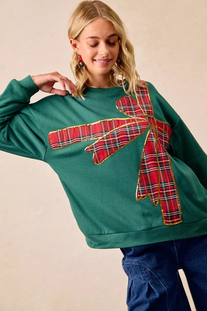 BiBi Plaid Ribbon Bow Detail Christmas Fleece Pullover