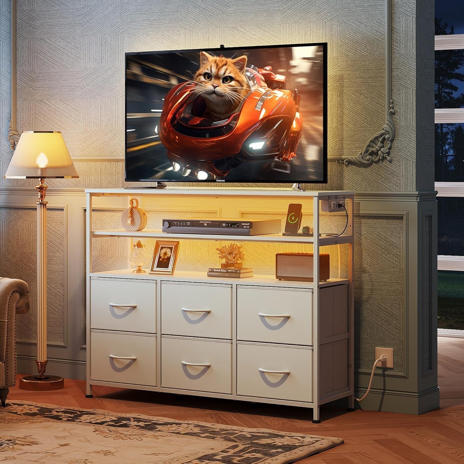 Led Dresser TV Stand for Bedroom, Entertainment Center with LED Lights and Power Outlet, 6 Drawer Dressers with Double Open Shelves, White TV Stands-1