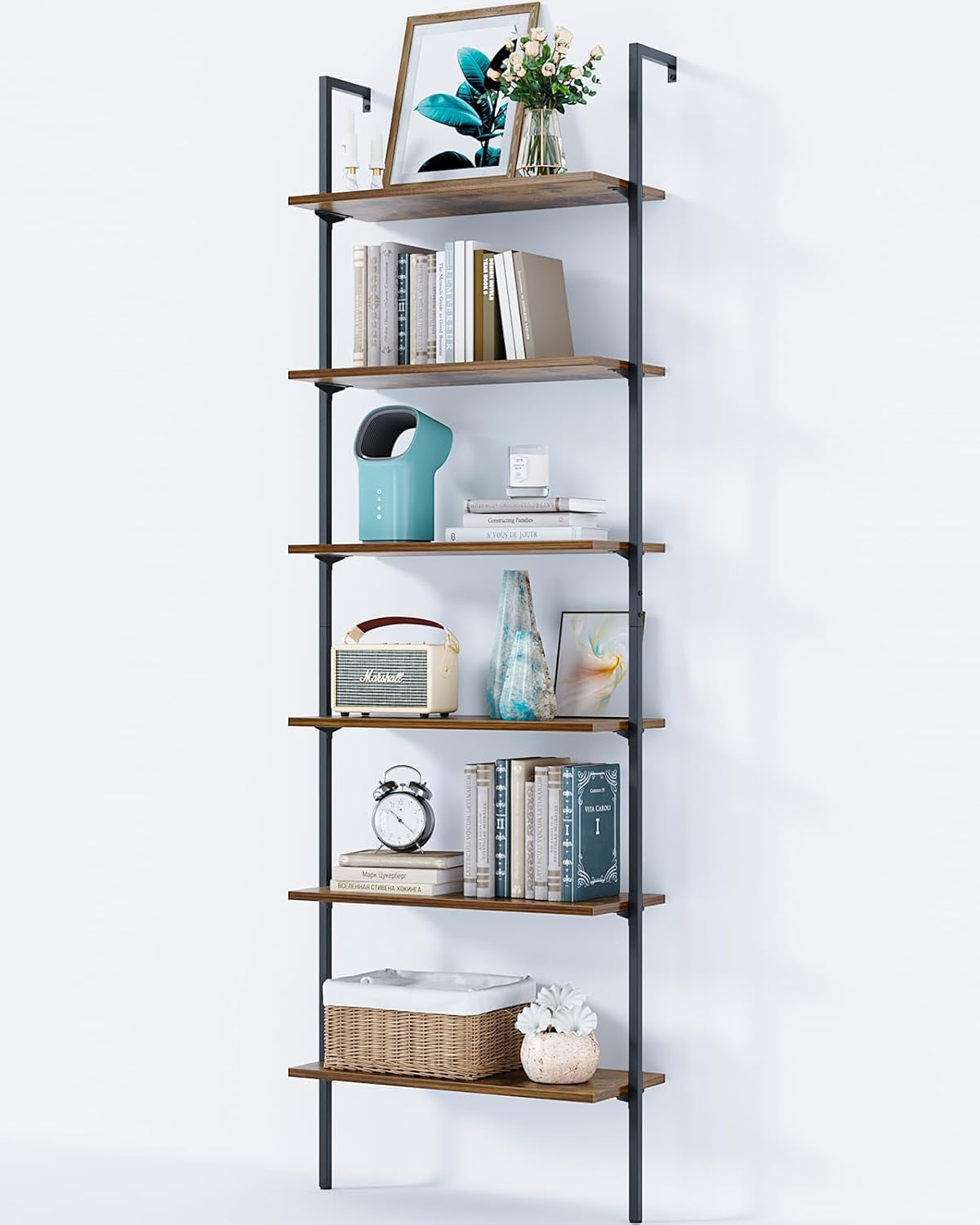 6-Tier Ladder Shelf, 87 Inches Wall Mounted Ladder Bookshelf with Metal Frame, Open Industrial Shelves for Home Office, Bedroom and Living Room, Rustic Brown-0