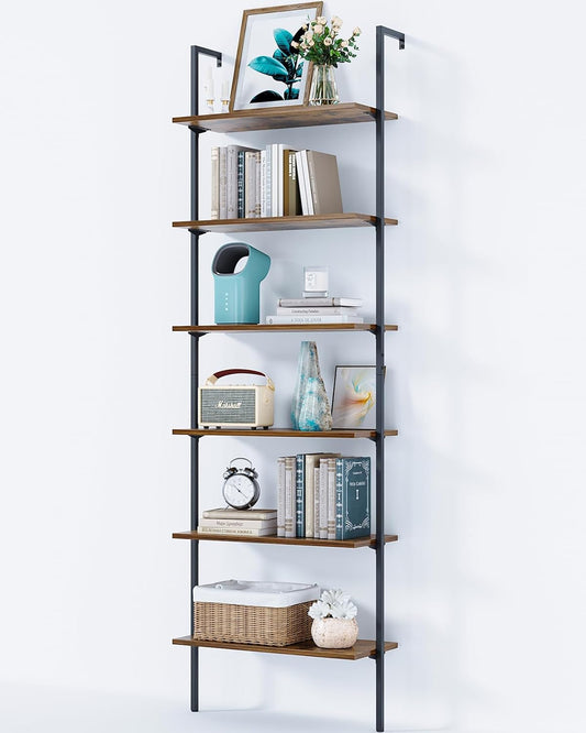 6-Tier Ladder Shelf, 87 Inches Wall Mounted Ladder Bookshelf with Metal Frame, Open Industrial Shelves for Home Office, Bedroom and Living Room, Rustic Brown-0