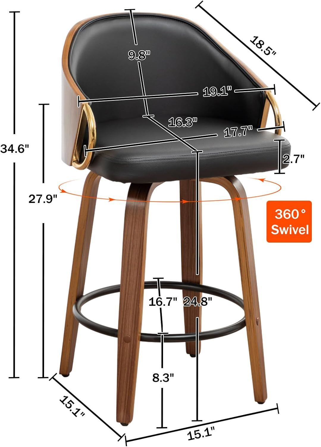 26 Inch Swivel Barstools Set of Two Black Leather-1