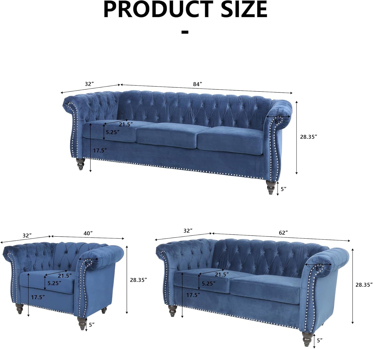 3 Pieces of Living Room Furniture Sofa Sets, Modern Velvet Chesterfield Sofa&Chesterfield Club Chair&Chesterfield Loveseat Sofas Set with Nailhead Trim Scroll Arms for Living Room(Blue)-1