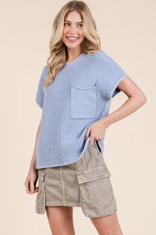 Lime 'N' Chili Solid Cap Sleeve Stitch Edge Knit Sweater