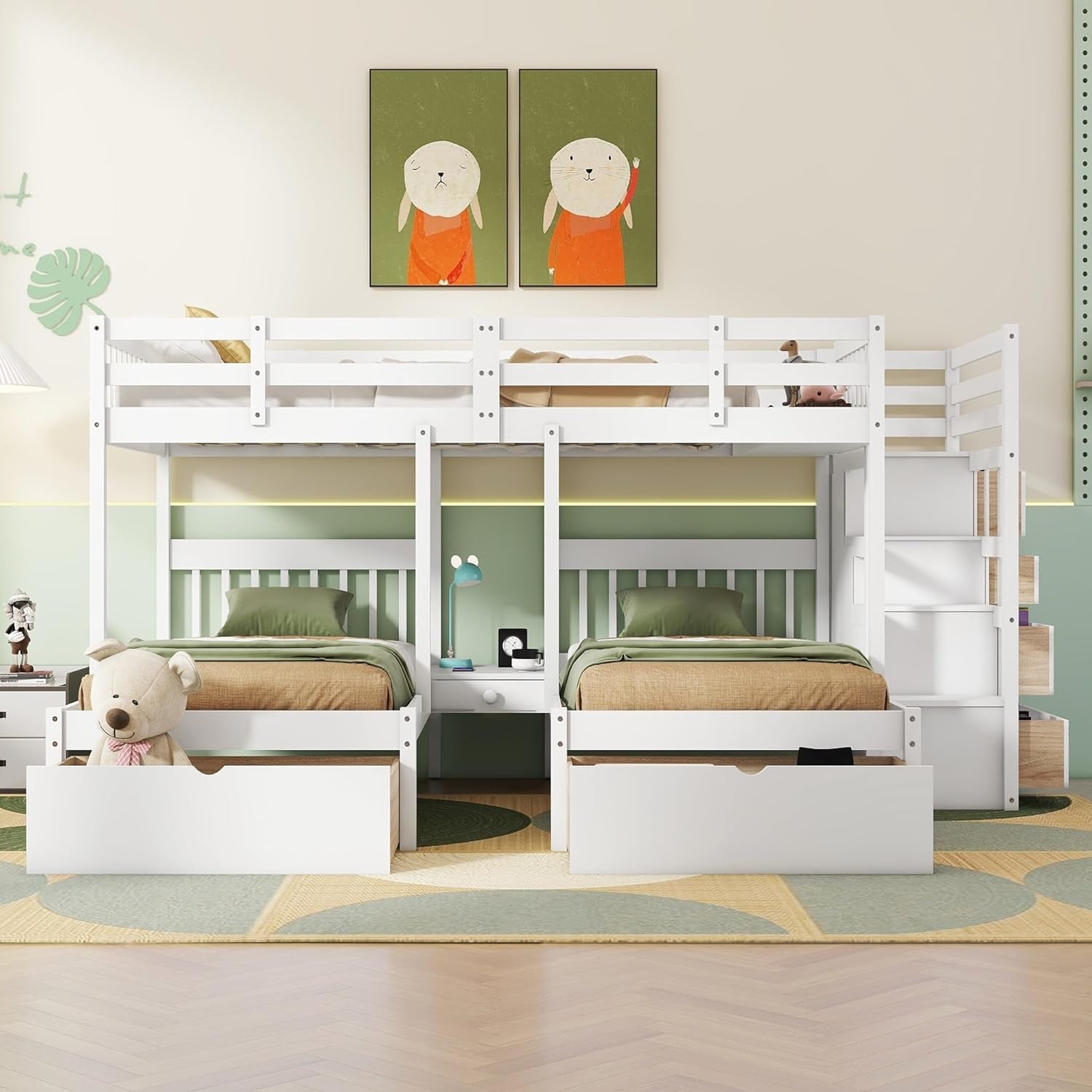 Triple Bunk Beds with Drawers, Wood Full over Twin & Twin Bunk Bed with Storage Staircase, Triple Bed for Kids,3 Bed Bunk Beds with Storage for Girls Boys,White-2