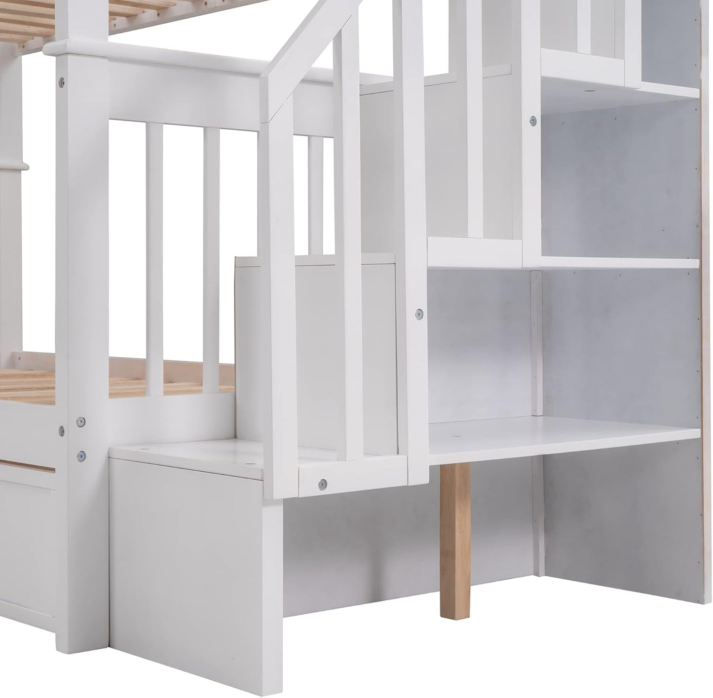 Twin over Twin Bunk Bed with Stairs and Guard Rail, Twin Size Bunk Beds with Storage Drawers,Wooden Bunk Bed Frame for Bedroom, Dorm, Kids, Teens, Adults,White-3