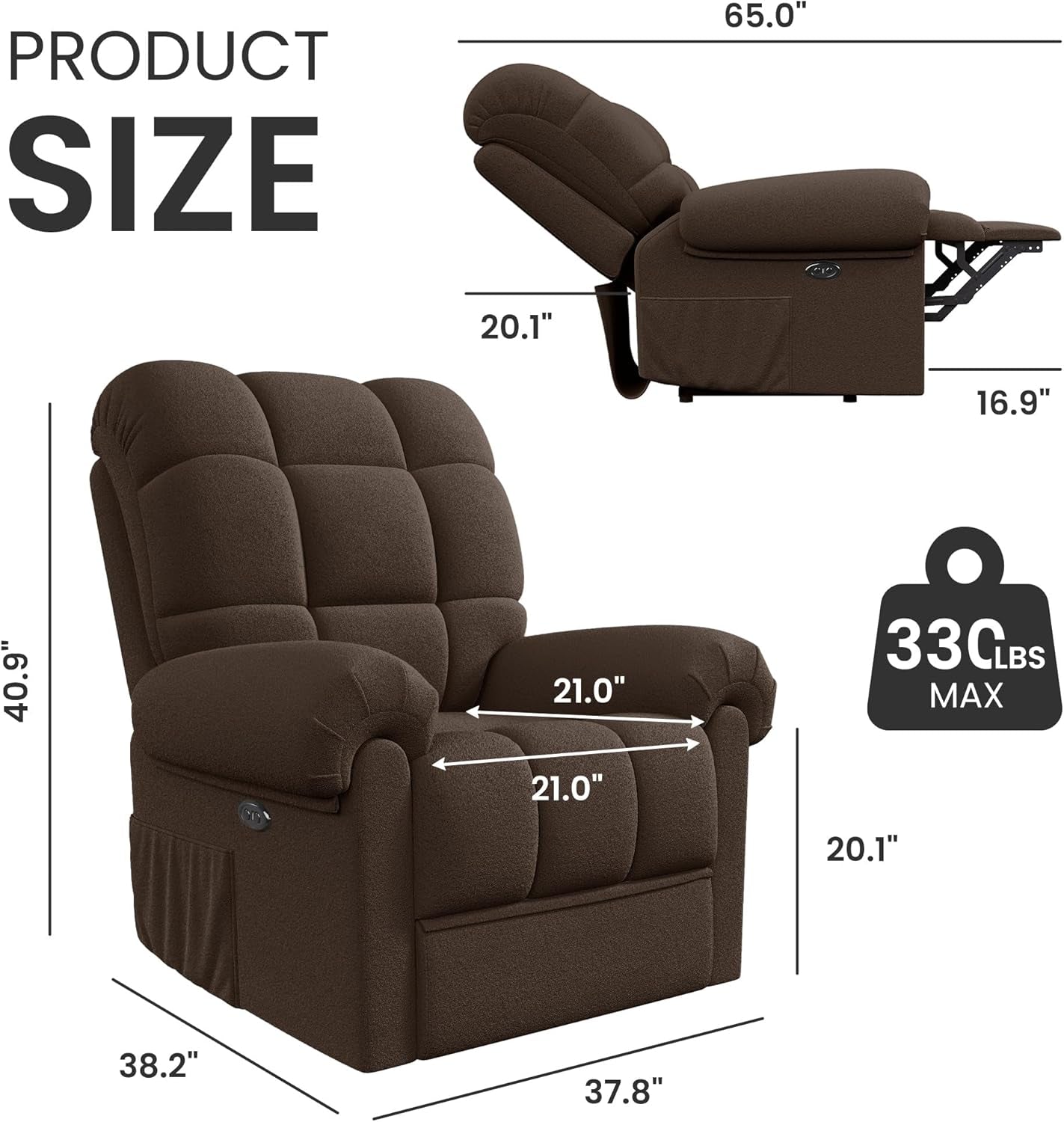 2024 New Power Recliner Chair for Adults, Adjustable Electric Chair Power Reclining Sofa, USB Port, Ultra-Comfy Teddy Fleece Recliner for Living Room, Tool-Less Assembly Single Sofa, Coffee-1