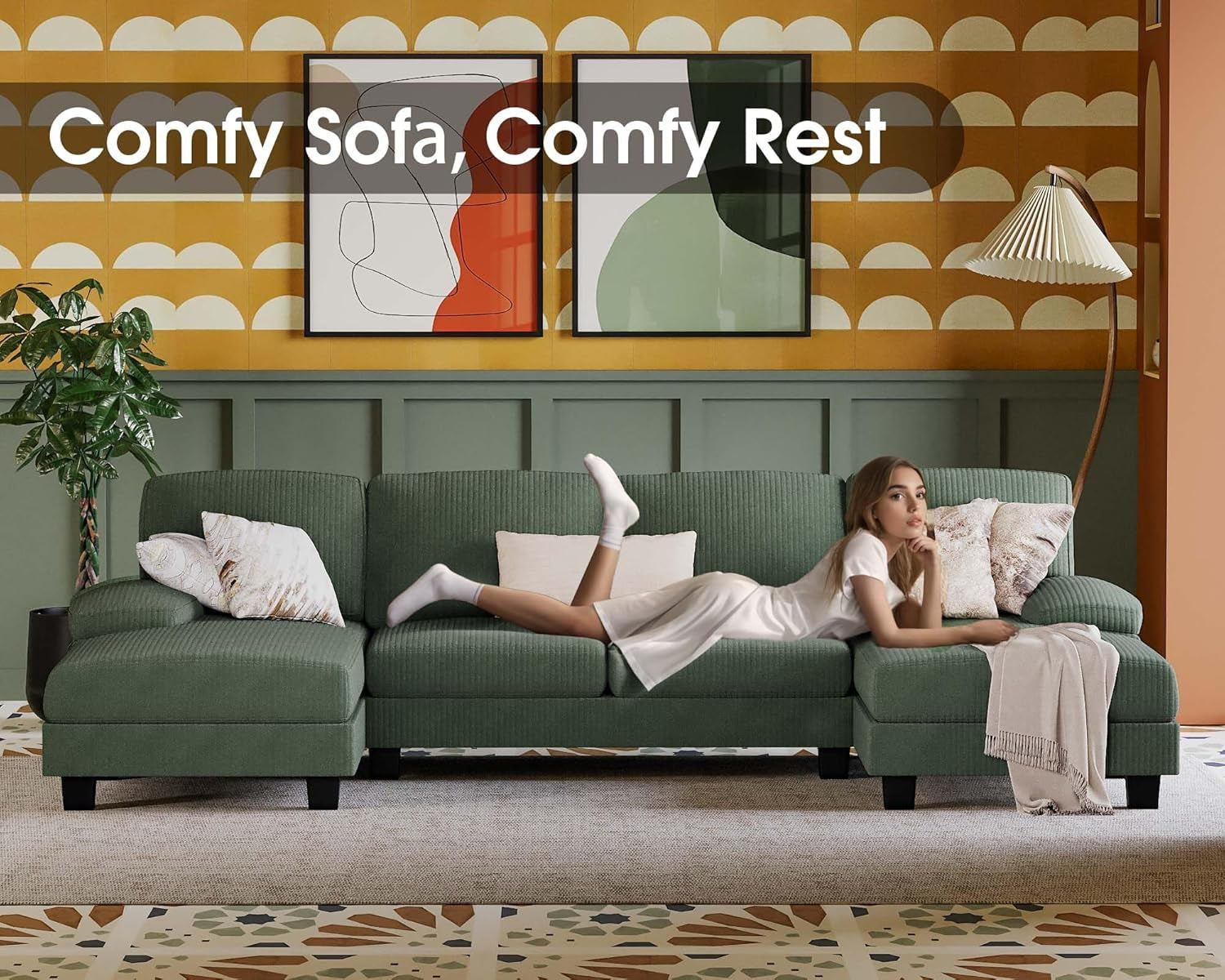 Sectional Couches for Living Room, U-Shaped Sofa Couch with Linen Fabric, 4 Seat Sofa Set with Double Chaise for Apartment (Corduroy, Dark Green)-3