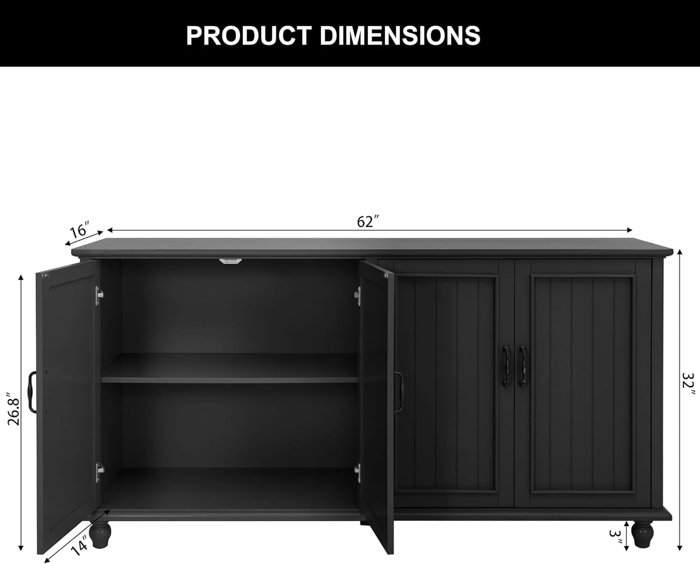 Black 62 Inch Coffee Bar Cabinet With Storage Four Door-1