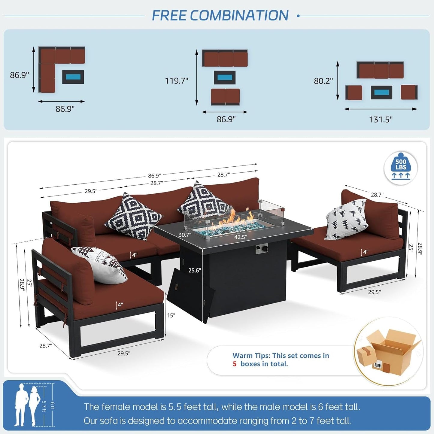 ® Modern Large Grey Aluminum Outdoor Patio Furniture Set with Propane/Natural Gas Fire Pit Table, 29'' Deep Wide Seating Conversation Sofa L Shaped Sectional Couch Set (6 Pieces, 5 Seats)-3