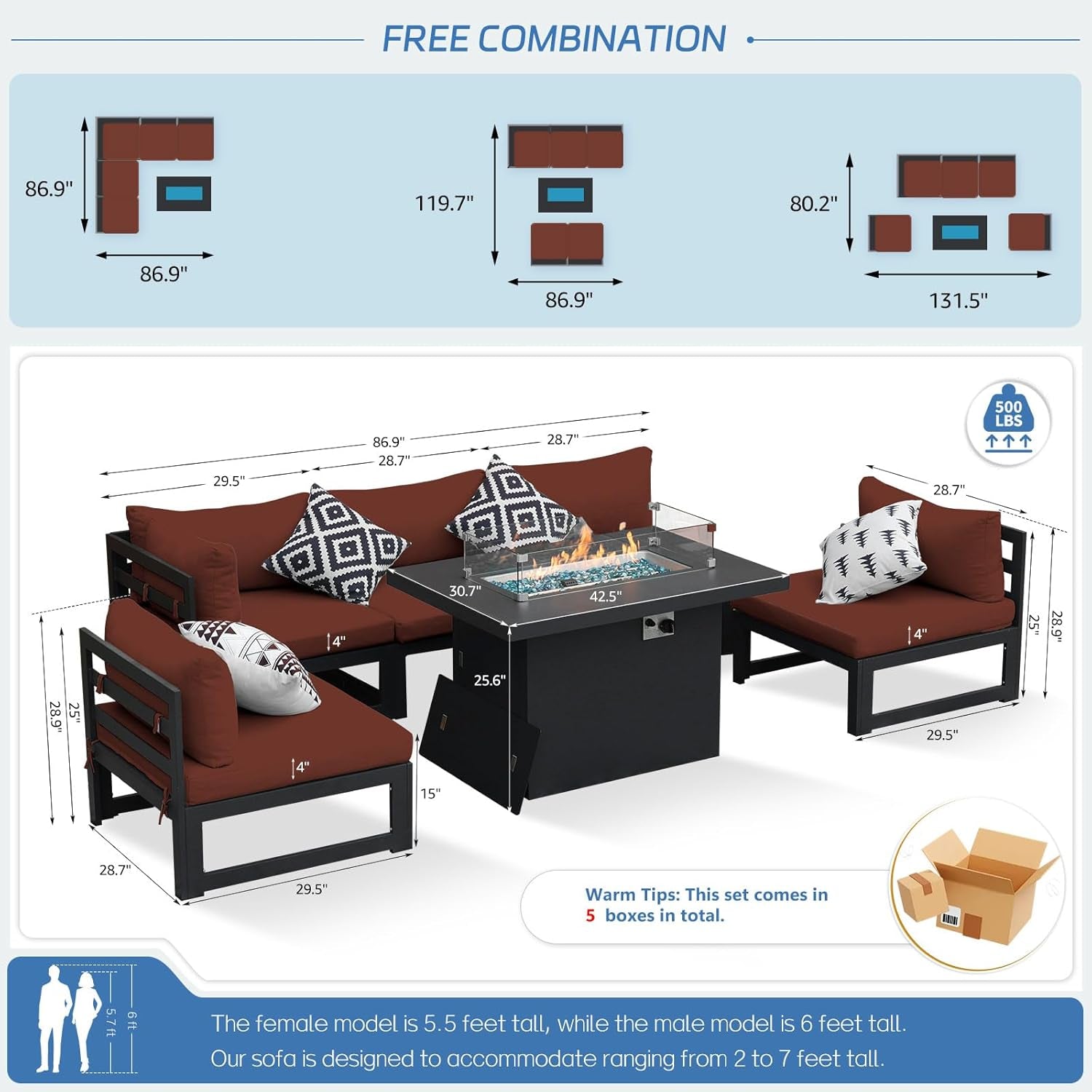 ® Modern Large Grey Aluminum Outdoor Patio Furniture Set with Propane/Natural Gas Fire Pit Table, 29'' Deep Wide Seating Conversation Sofa L Shaped Sectional Couch Set (6 Pieces, 5 Seats)-3