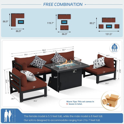 ® Modern Large Grey Aluminum Outdoor Patio Furniture Set with Propane/Natural Gas Fire Pit Table, 29'' Deep Wide Seating Conversation Sofa L Shaped Sectional Couch Set (6 Pieces, 5 Seats)-3