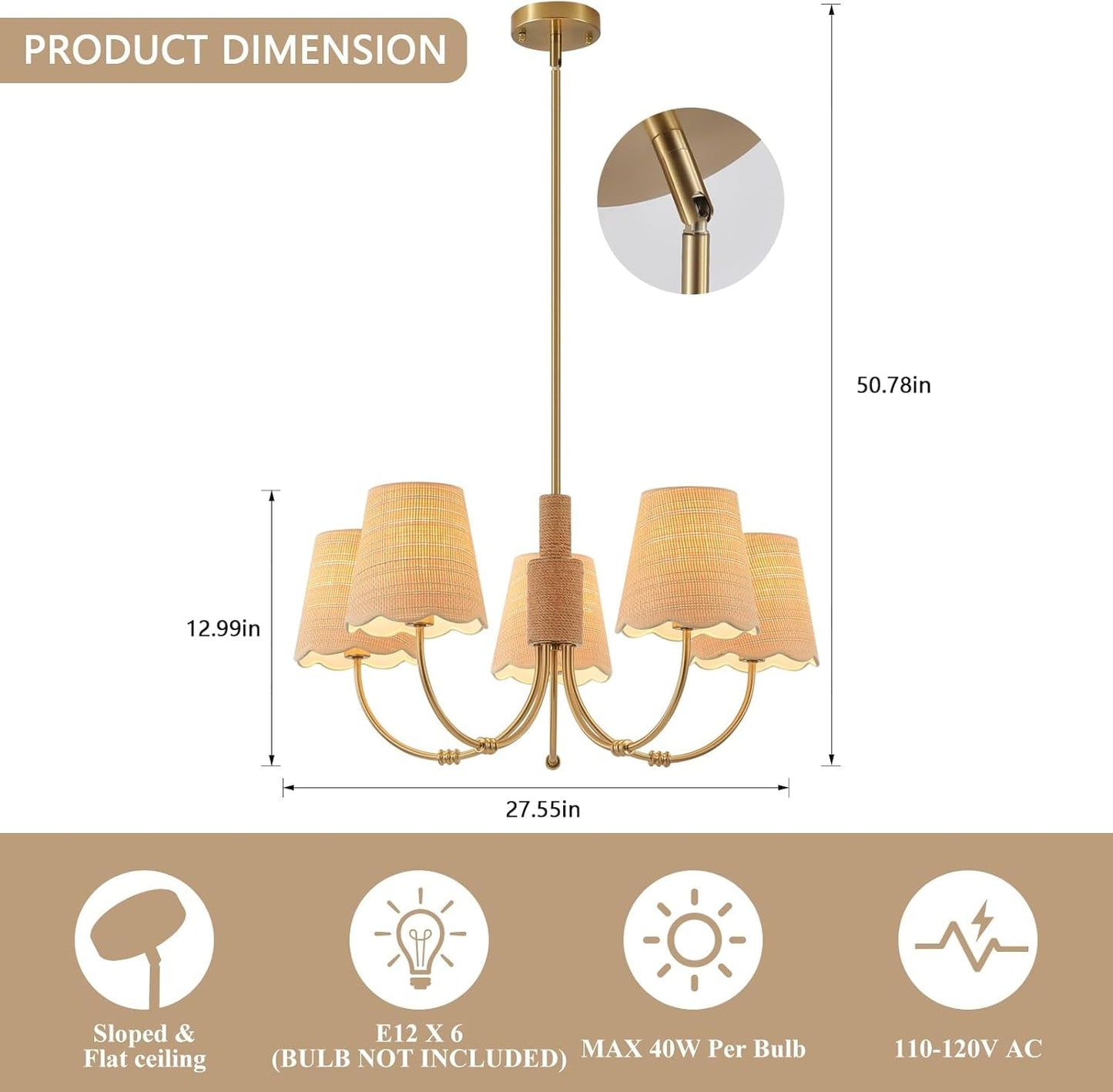 Boho Rattan Chandelier Antique Brass Farmhouse Pendant-2