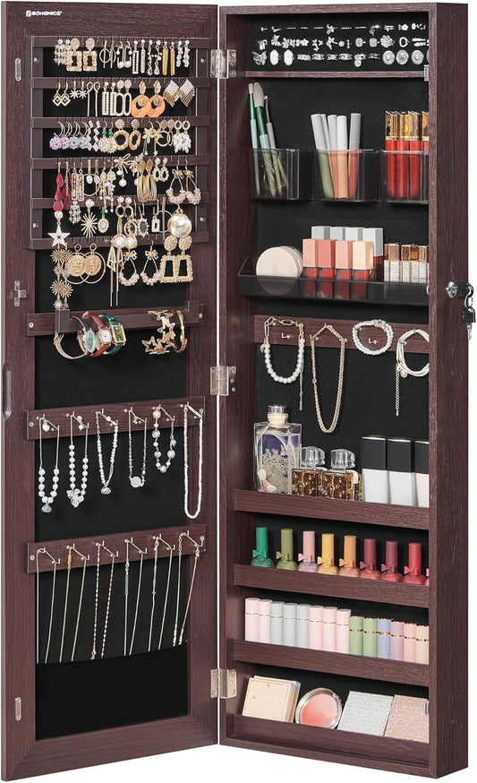 Jewelry Cabinet Armoire, Lockable Wall-Mounted Organizer Unit with 2 Plastic Cosmetic Storage Trays, Full-Length Frameless Mirror, Brown UJJC001K01-0